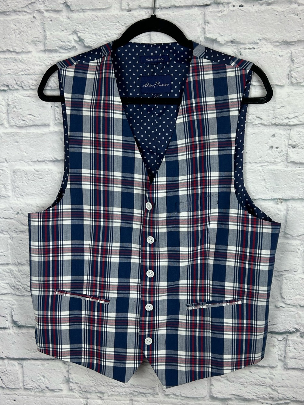 Alan Flusser Mens Large Plaid Vest Navy Red Cotton Blend Polka Dot Lined
